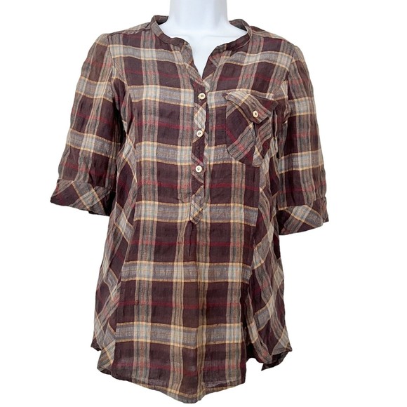 Etoile Isabel Marant Plaid Button Tunic Shirt Brown Linen Blend 3/4 Sleeve Sz 1 - Picture 1 of 14